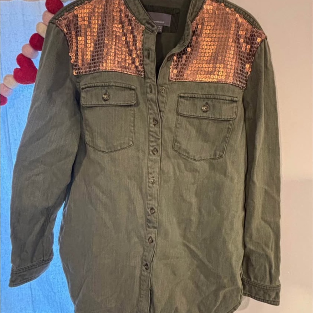 Anthropologie Green Shirt with Bronze Sequin Detail